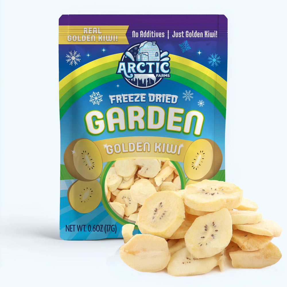 A package of Arctic Garden freeze-dried golden kiwi with a pile of yellow freeze-dried kiwi slices in front of the package.