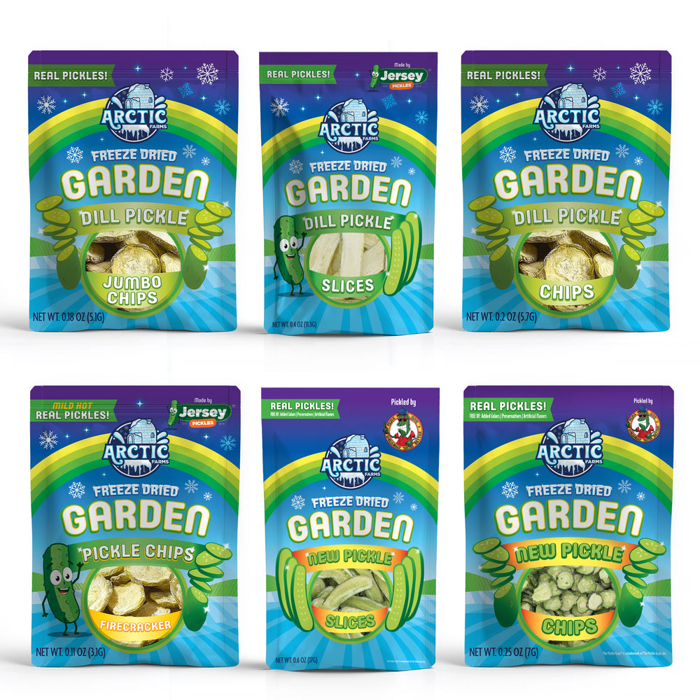 Six packages of Arctic Freeze-Dried Garden Dill Pickle Chips on a white background