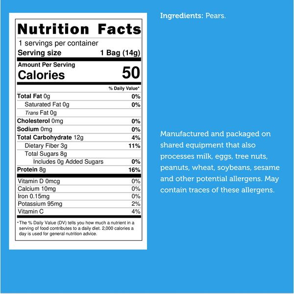 Nutrition facts for Freeze Dried Organic Bartlett Pears