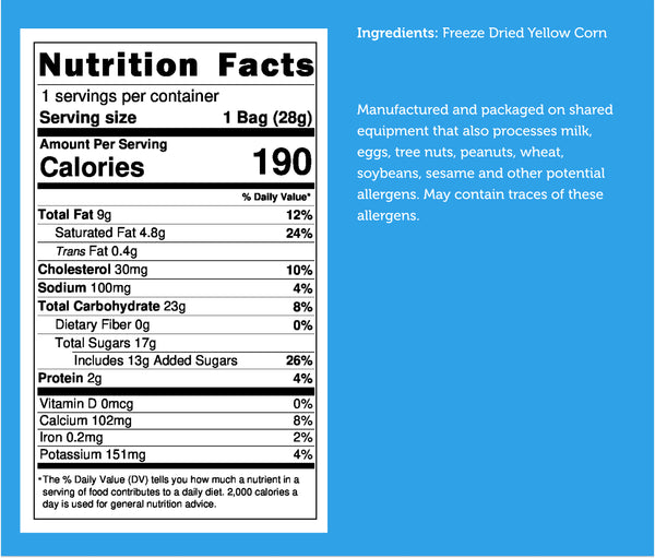 Nutrition facts for Freeze Dried Corn - Plain