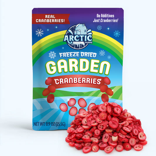 Arctic Farms freeze-dried garden cranberries packaging with cranberries displayed in front.