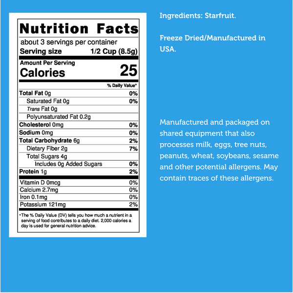 Nutrition facts for Freeze Dried Starfruit