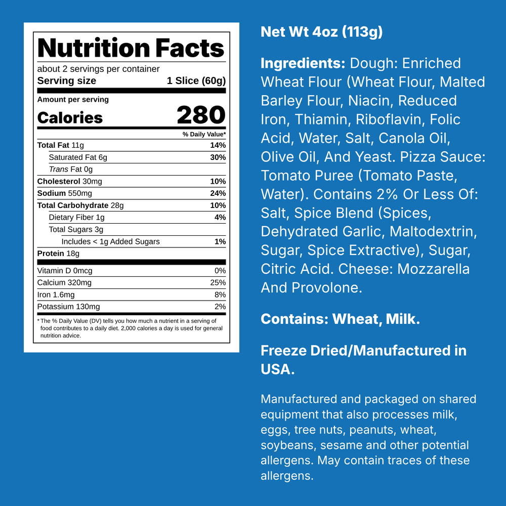 Nutrition facts and ingredients for Arctic Farms Freeze Dried Cheese Pizza Snack, Large bag