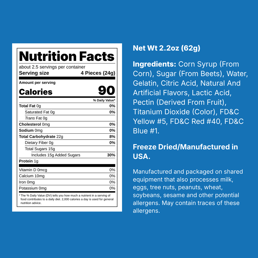 Nutrition facts and ingredients for Arctic Farms Freeze Dried Gummy Rings Assorted, 2.2 oz bag