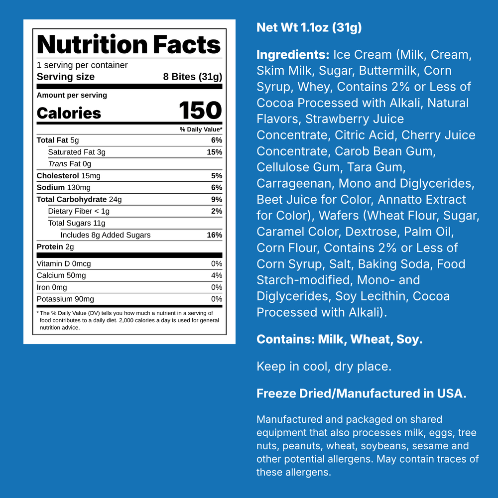 Nutrition facts and ingredients for Arctic Farms Freeze Dried Ice Cream Sandwich Bites Neapolitan, Small 1.1 oz bag