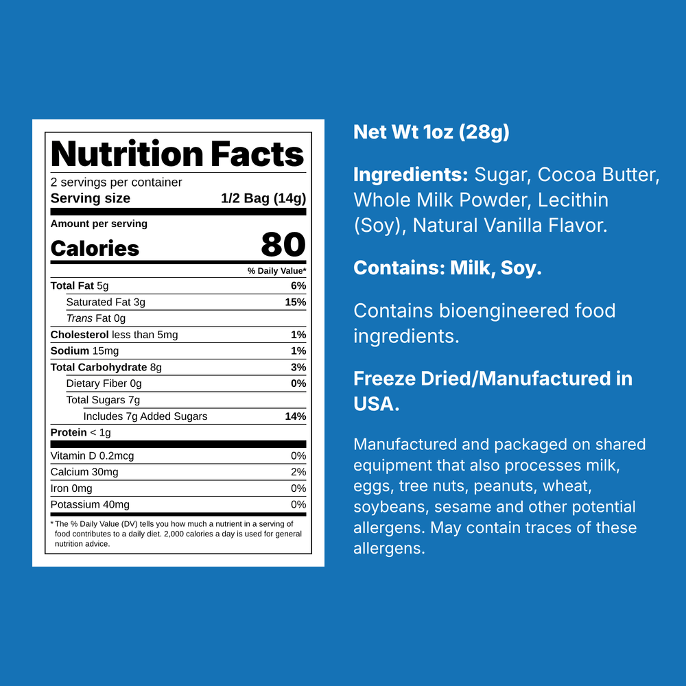 Nutrition facts and ingredients for Arctic Farms Freeze Dried Premium Belgian White Chocolate, Small 1 oz bag