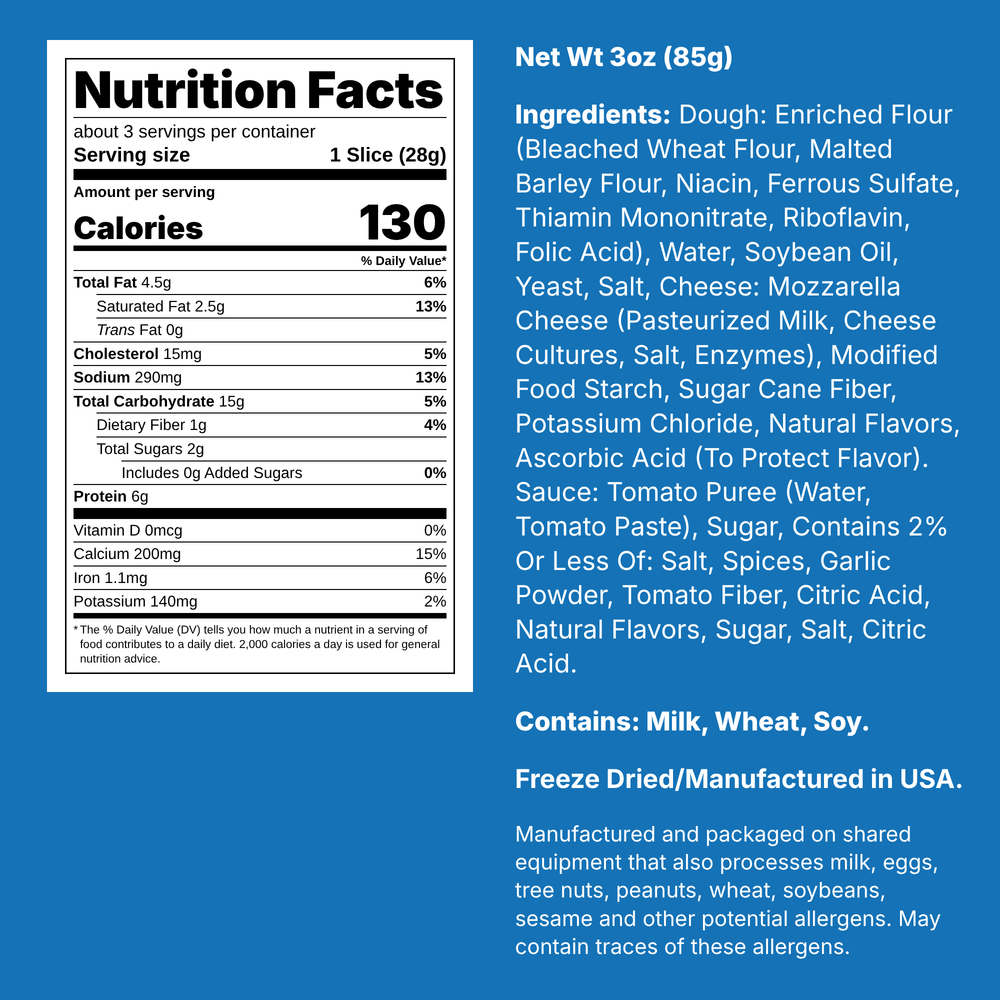 Nutrition facts and ingredients for Arctic Farms Freeze Dried Thin Crust Cheese Pizza Snack