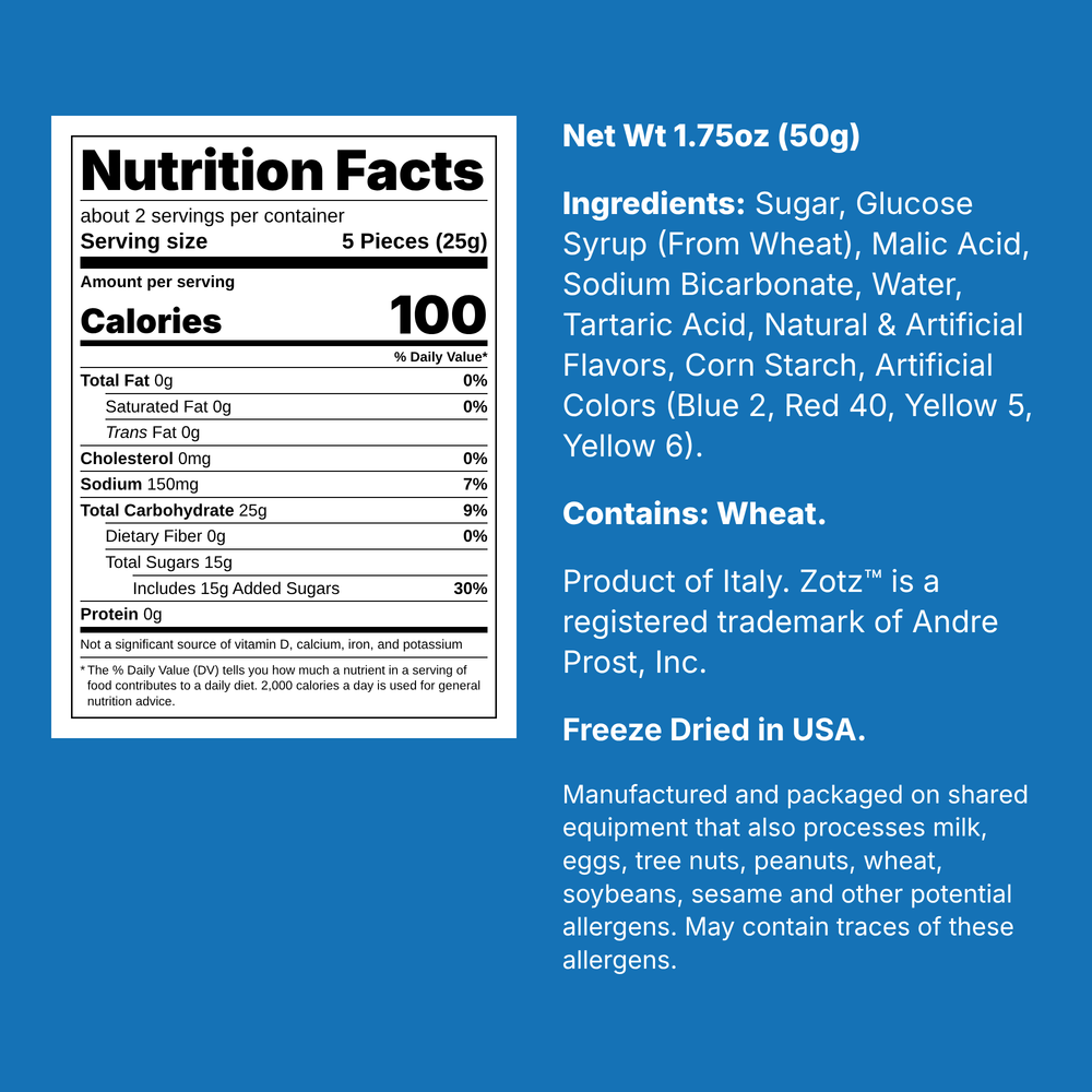 Nutrition facts and ingredients for Arctic Farms Freeze Dried Zotz Fizz Candy Grape, 1.75 oz bag