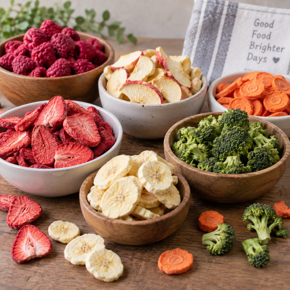 Bowls of freeze-dried raspberries, strawberries, apple slices, banana slices, carrots and broccoli on a wooden table.